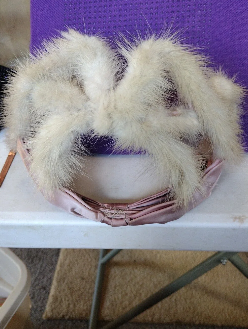 Faux Fur Trim Satin Headband in Blush Pink